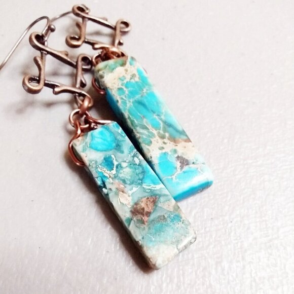 Aqua Turquoise + Sand ~ Sea Sediment Jasper Bar + Copper Dangle Earrings - Picture 2 of 7